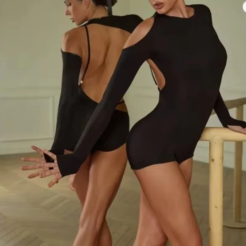 

Для женщин комбинезон с открытой спиной и длинными рукавами, платье для латинских танцев, сетчатая юбка с бахромой, страстная румба, чача, тренировочное выступление