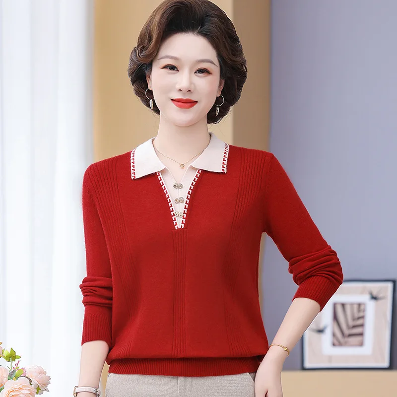 

Lapel Long Sleeve Shirt New Pullovers Woman Clothing Autumn Winter Middle Aged Mother Sweater Basic Wear Long Sleeve Pull Top