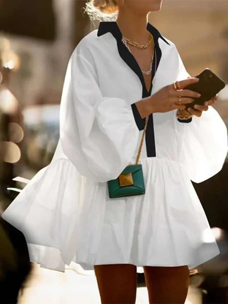 Lemongor-minivestidos para mujer, nueva moda 20225, Color contrastante, mangas de burbuja, solapa plisada, corte en A, camisas, vestido, ropa femenina