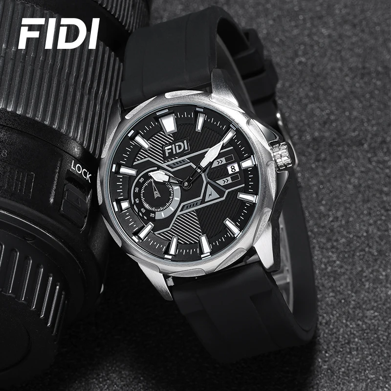 

FIDI Mens Sport Quartz Watch Silicone Strap 3ATM Waterproof Luminous Hands Date Display Casual Business Wrist Watch