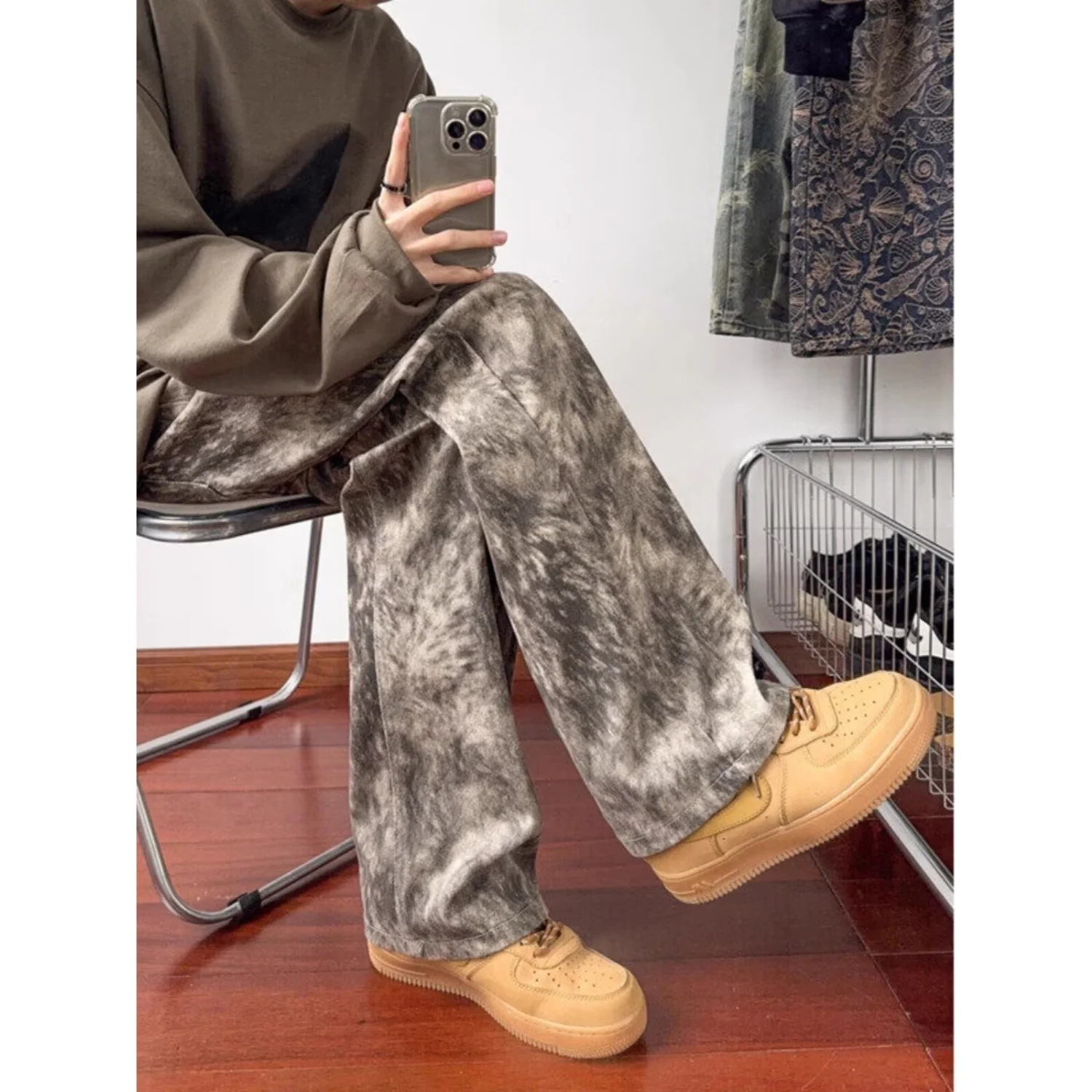 

Coffee Tie Dye Straight Leg Men's Jeans American Retro Design High Street Vibe Trendy Brand Long Pants Casual Summer Faion