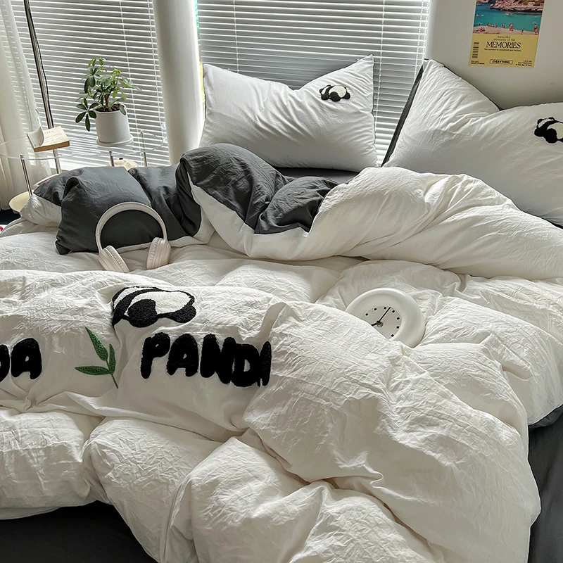 Panda Embroidery Washed Cotton Bedding Set with Pillowcase bed sheet Single Full Bed Linen Orange Duvet Cover Queen/King Double