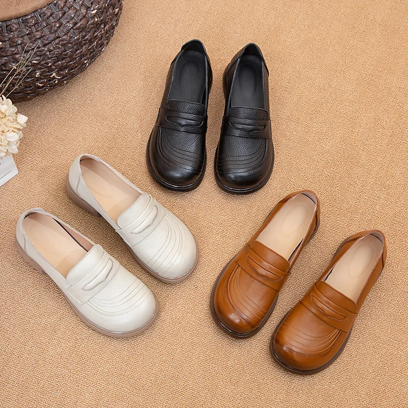 

Soft soled shallow mouth pregnant women's anti slip flat bottomed round toe genuine leather shoes for mothers