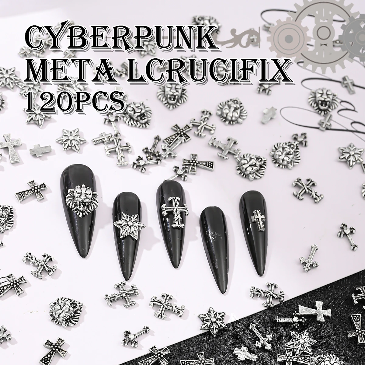 120pcs cyberpunk metal crucified old silver y2k metal cross trim, vintage dark style nail metal jewelry diamond