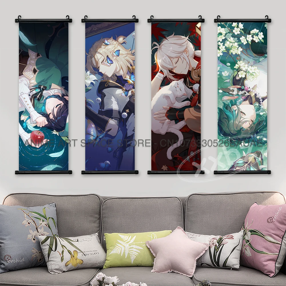 Genshin Impact Hanging Paintings Poster Anime Wall Art Gift Ganyu HD Prints Kawaii Klee Home Decor Diluc Canvas Scrolls Pictures