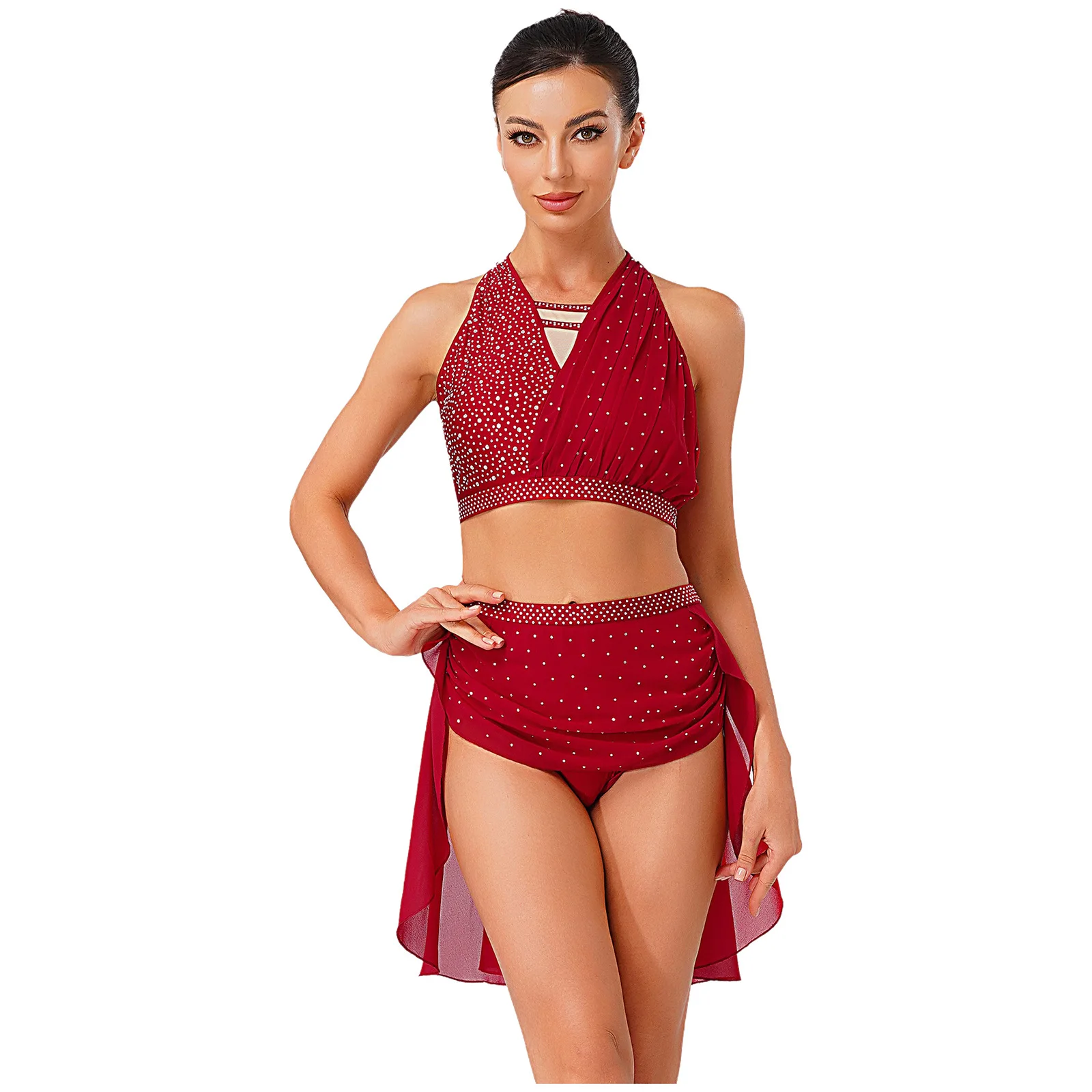 

Womens Stylish Lyrical Modern Dance Outfit Sleeveless Halter Ruched Crop Top+Built-in Briefs Skirt Performance Dancewear Sets