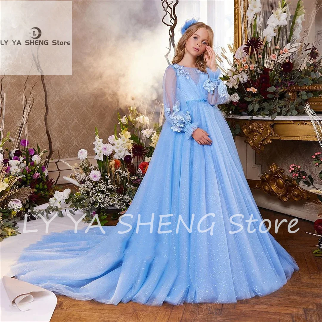 Flower Girl Dress for Wedding Puffy Shining Applique Long Sleeves Tulle Floor Length Princess Pageant Ball Gowns