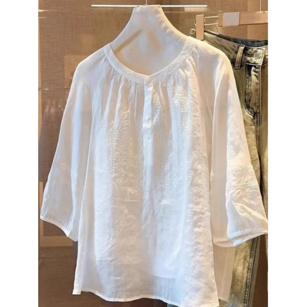 

Белая футболка с вышивкой Ele, женская летняя возрастная повседневная свободная тонкая льняная футболка, модный хлопковый топ