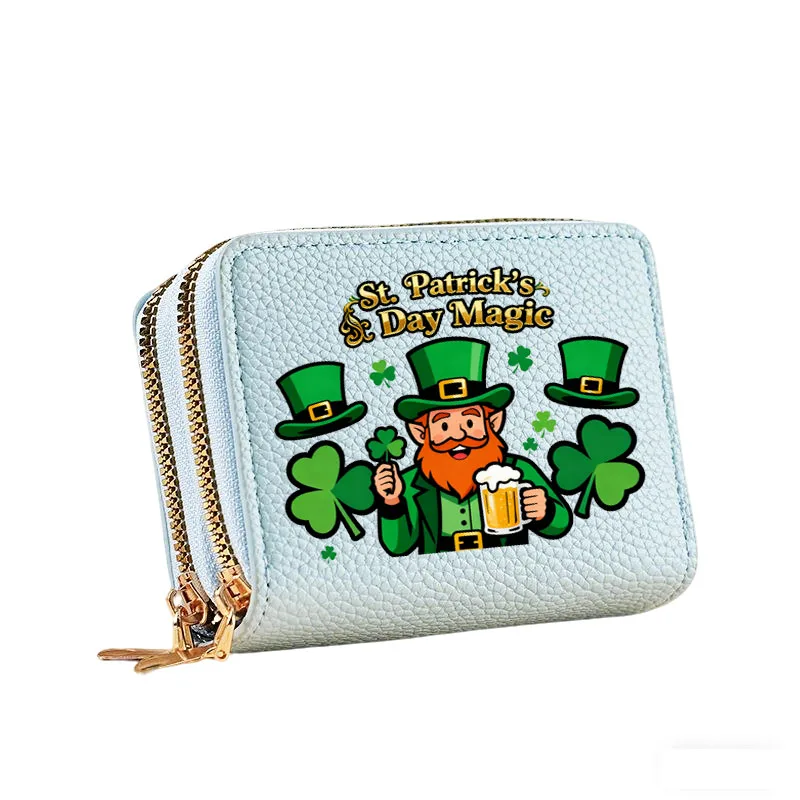 قطعة واحدة من محفظة النقود المعدنية العصرية بنمط عيد القديس باتريك بسحاب مزدوج للتخزين، حزمة بطاقات متعددة، محفظة بمقبض هدية العيد