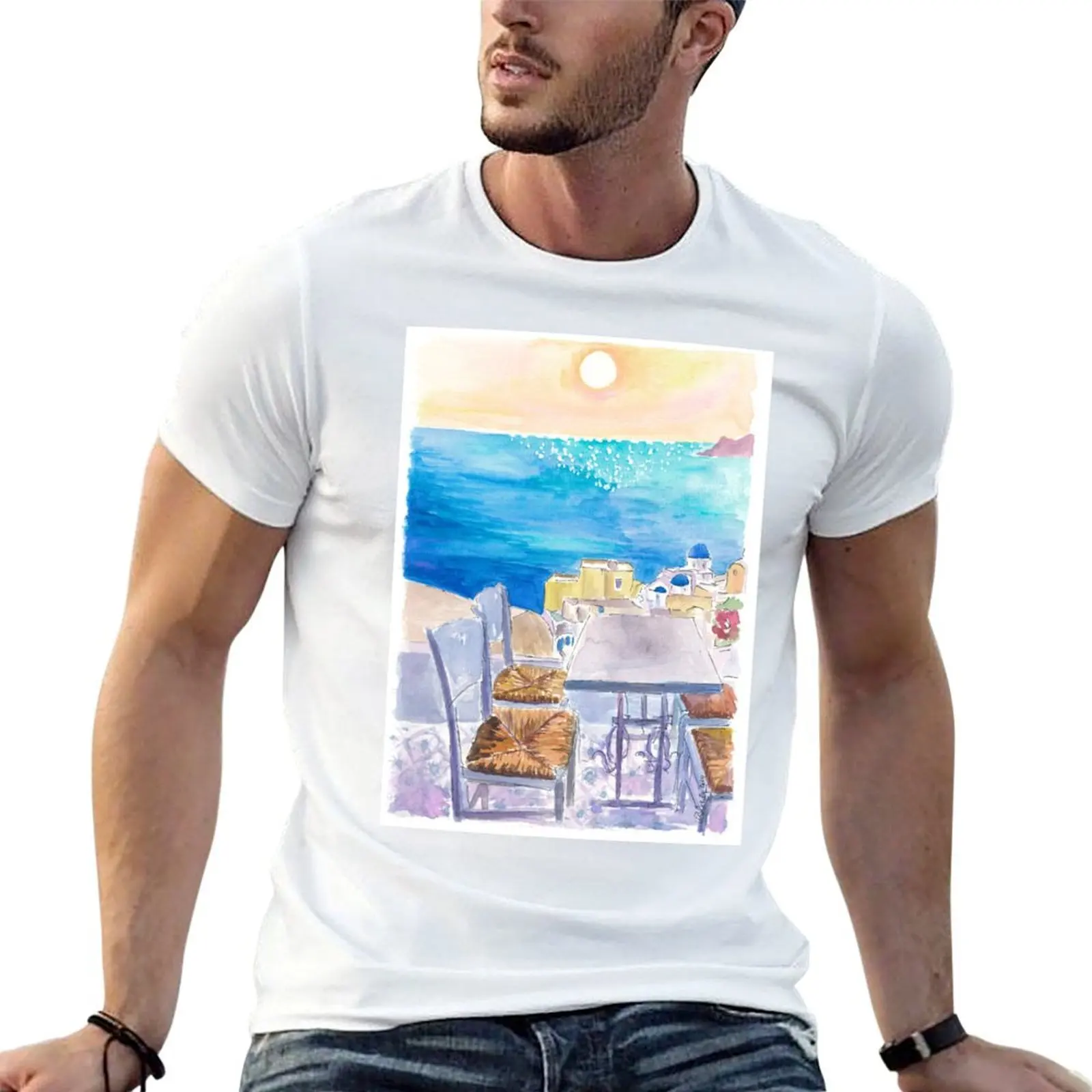 

T-Shirt t the Oia shirt man Waiting View with Table pack graphic in cotton you Aegean in shirt Santorini t for