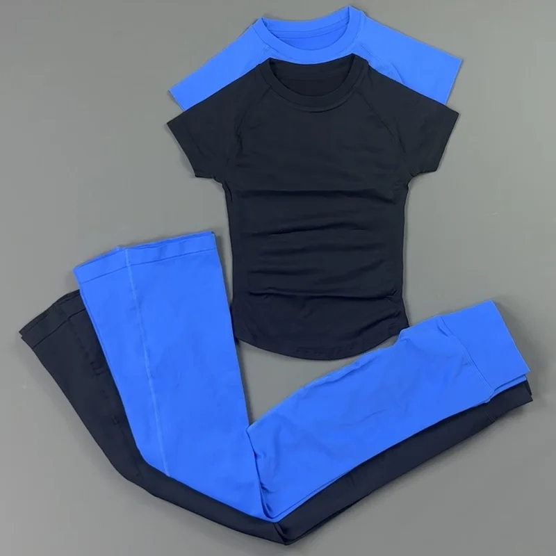 2 Pieces Gym Set  Women Crew Neck Raglan Short Sleeve Top Flare Legging  Seamless High Stretch Suit Yoga Fitness Activewear