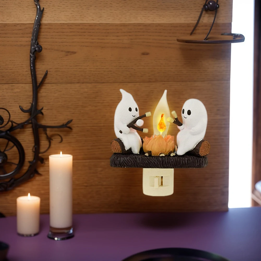 Ghost Campfire Flickering 3D LED Night Light Resin 2 Ghosts Roasting Marshmallows at Campfire Halloween Room Decor