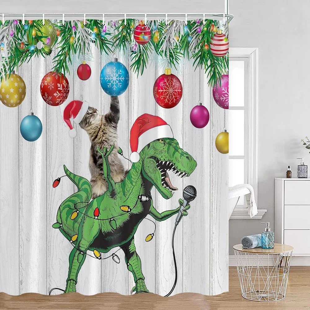 Cat Riding Dinosaur Merry Christmas Wooden Plank Farmhouse Countryside Style Bath Decor Snowman Winter Xmas Bathtub Curtain