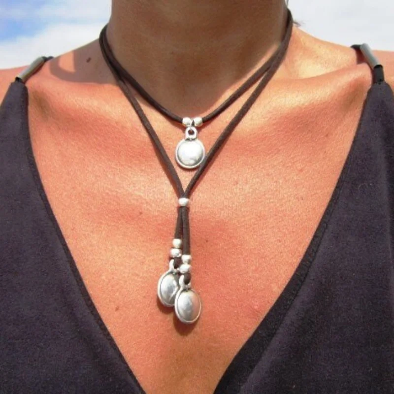 Boho Leather Necklace, Beaded Alloy Pendant Statement Necklaces for Women, Personalized Handmade Bohemian Vintage Jewelry