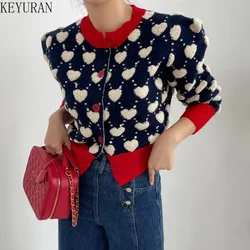 Color Contrast Love Jacquard Knitted Cardigan Women New 2024 Autumn Winter Korean Sweet Slim Puff Sleeve Single Breasted Sweater