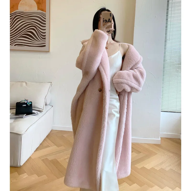 New Warm Real Fur Teddy Bear Coat Women Long Vintage Thick Teddy Alpaca Fur Coat Fashion Turn-down Collar Loose Wool Coat Winter