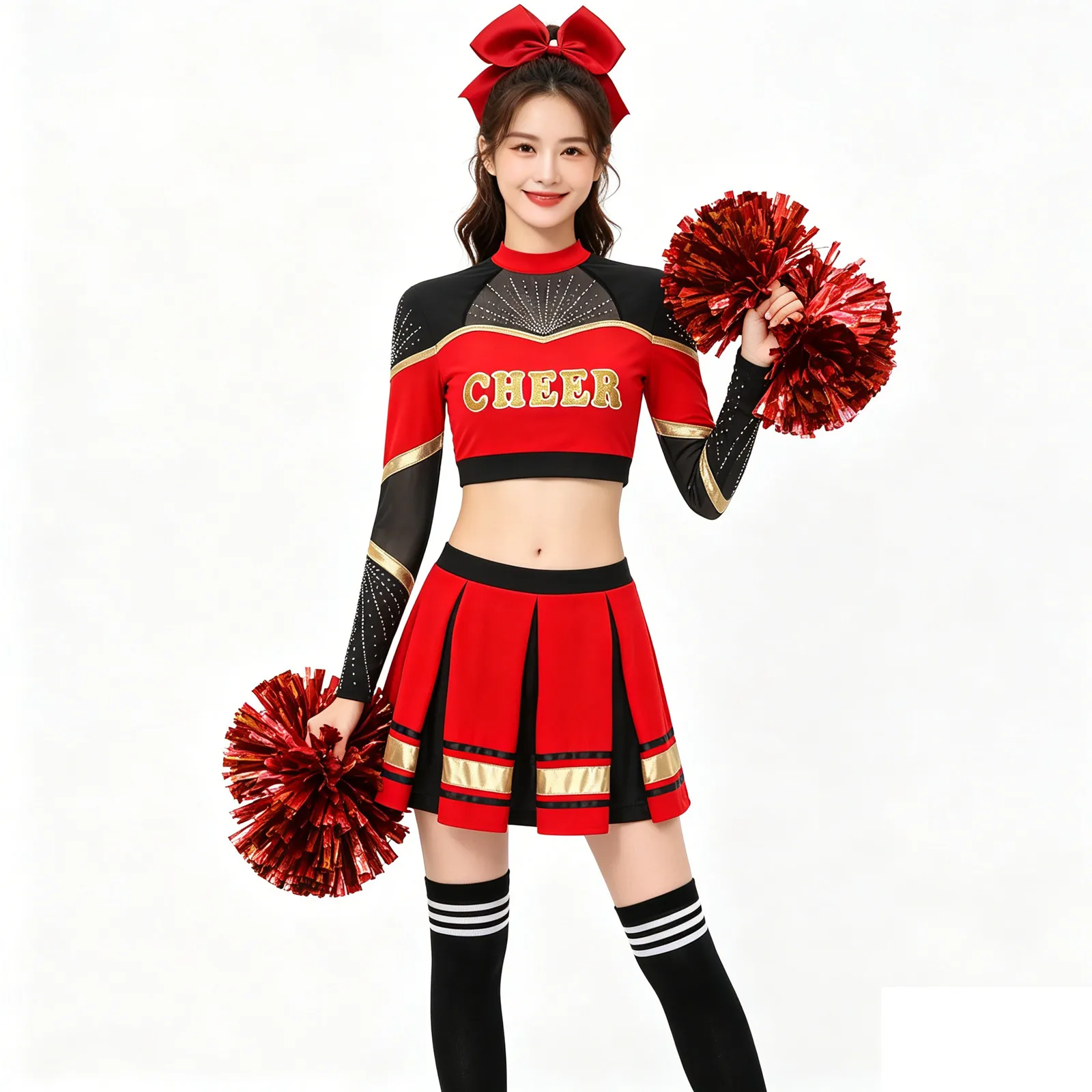 

2Pcs Womens Cheerleading Uniform Schoolgirls Cheer Dance Outfit Cheerleader Costume Sequins Crop Top with Pleated Skirt Set