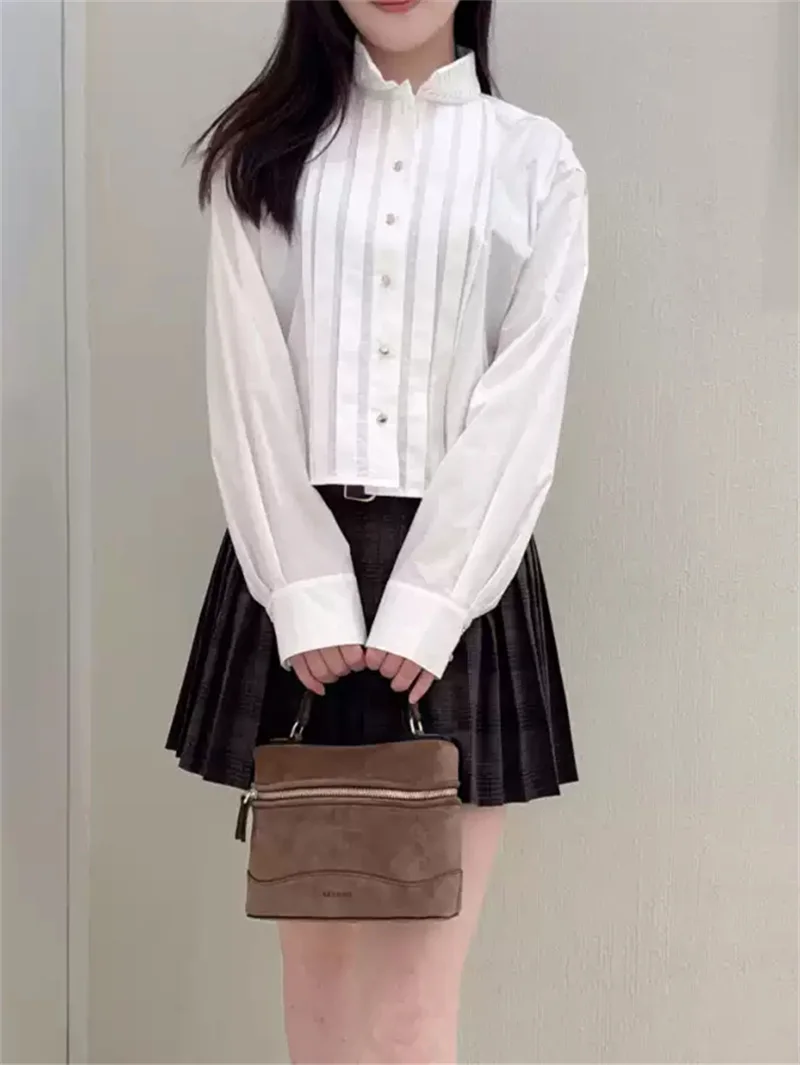Women Autumn New Shirt Long Sleeved Single Breasted Asymmetrical Hem White Pleated Stand Collar Lady Simple Commuting Top
