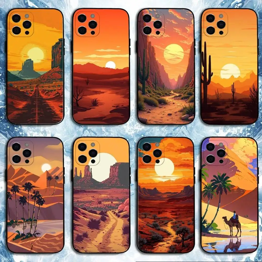 

DESERT SUNSET CARTOON Phone Case For iPhone17,16,15,14,13,12,11 Plus,Pro Max, Soft Silicone Black Cover