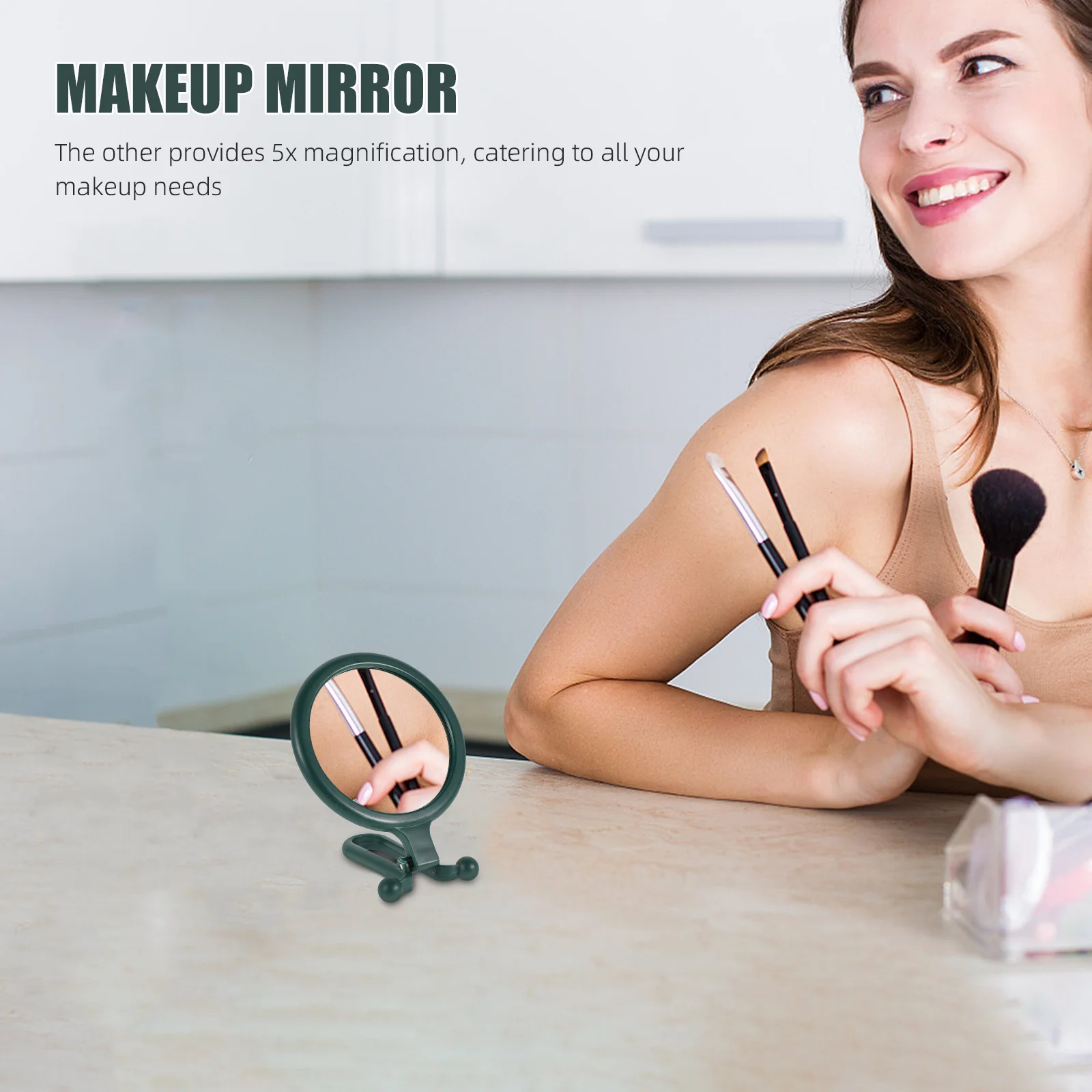 Elegante specchio per il trucco con ingrandimento 5x stile principessa, portatile, pieghevole su entrambi i lati, piccolo, verde, compatto, da viaggio