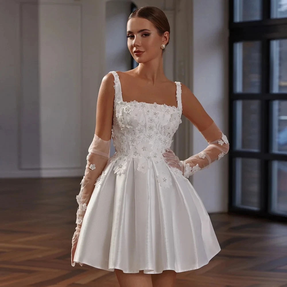 

Chic Short Wedding Dress 2026 Square Sleeveless Sequines Flowers Satin Little White Bride Bridal Party Gowns Beach Vestidos