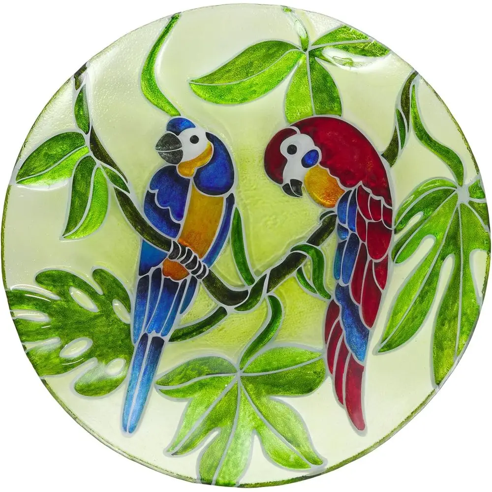 18 Round Outdoor Birdbath Bowl Topper with Colorful Painted Parrot Design