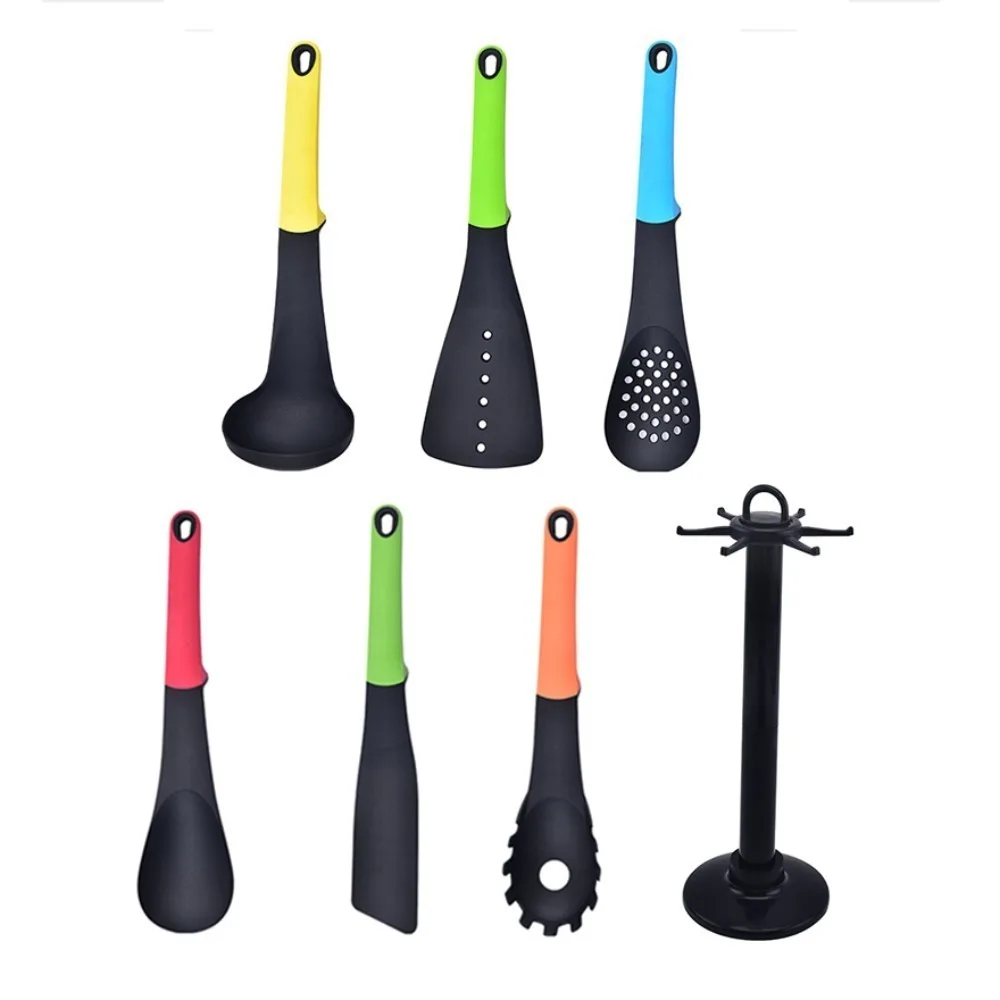 

7Pcs/Set Heat-resistant Cooking Spatula Set Non Stick with Storage Rack Kitchen Utensils Set Nylon Colorful Slotted Spoon Gift