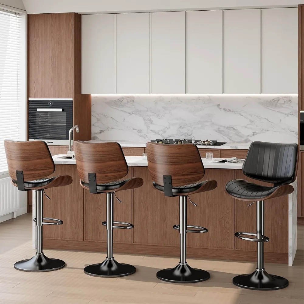 회전 바 의자 세트, 주방 카운터용 조절 가능한 Bentwood 바 의자, 등받이가 있는 현대적인 PU 가죽 덮개를 씌운 바 의자
