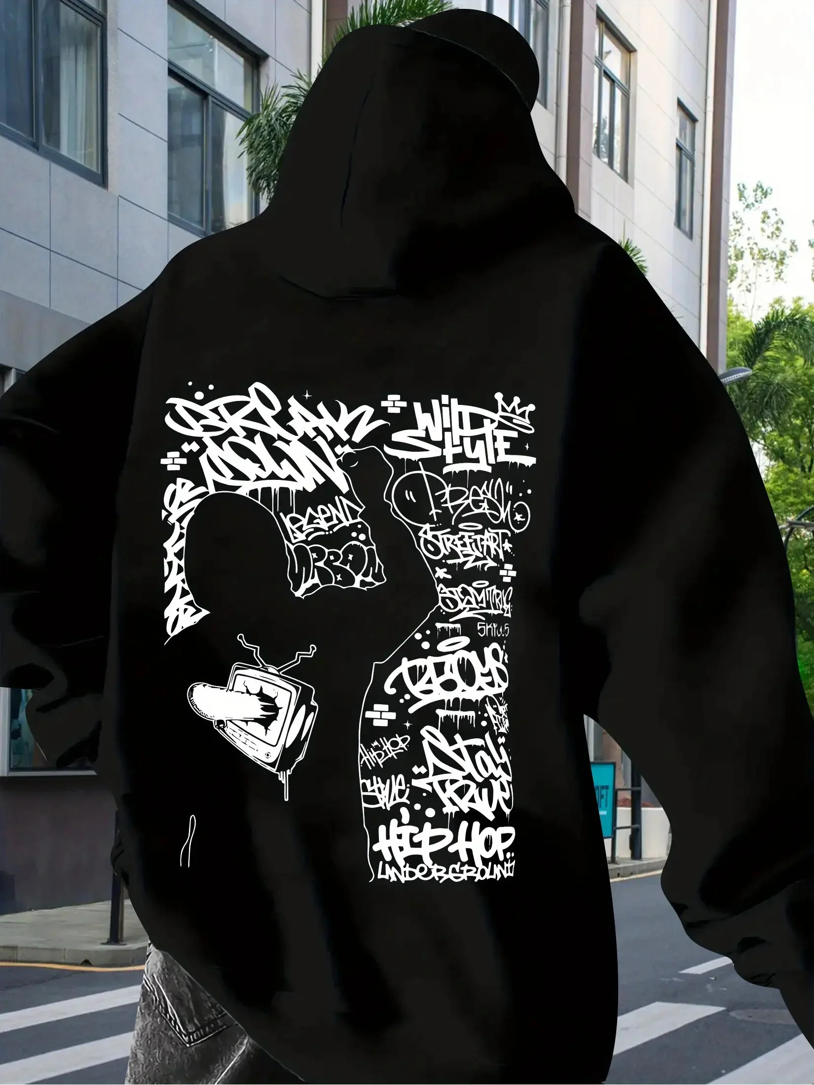 

Новая мужская спортивная толстовка на осень/зиму 2025 года с белым принтом граффити на спине — пуловер в городском уличном стиле