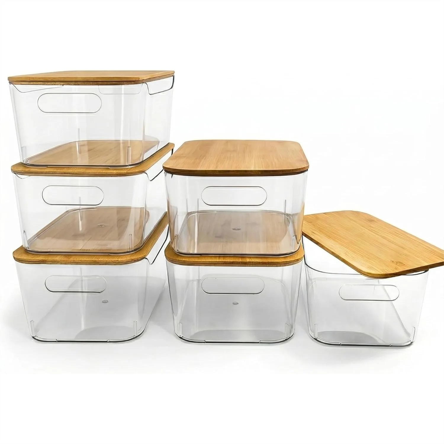 

6 Pack Clear Stackable Storage Bins with Bamboo Lids for Pantry Kitchen Fridge Cabinet Organization