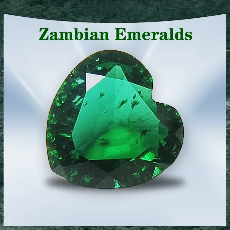 Top Lab Grown Zambian Emeralds Selectable AGL Certificate Hydrothermal Hand Cut Heart Shape with Cracks Inclusions Inside