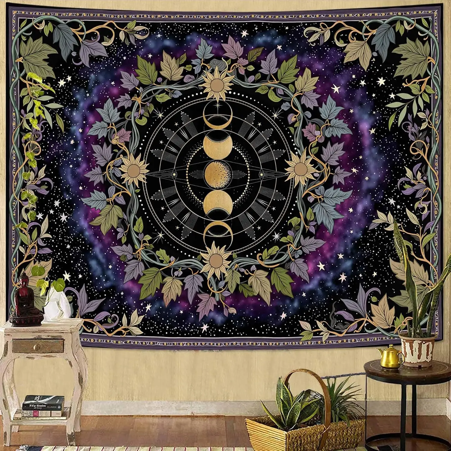 Bohemian Moon Phase Mandala Tapestry, Galaxy Vine Sunflower Mystical Celestial Witchy Botanical Art Wall Cloth For Bedroom Decor