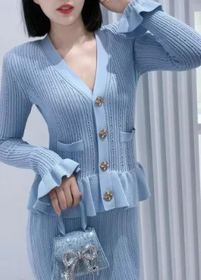 

Long Knitted Robes for Women 2024 New Spring Autumn V-neck Slim Sweet Long Sleeve Fishtail Dress