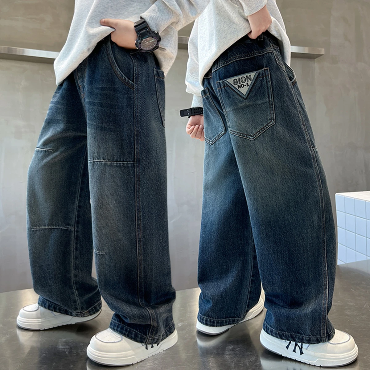 Spring New Style Loose Straight Leg Jeans for Big Boys Retro Korean Cotton Long Pants Kids' Clothing for Teenager