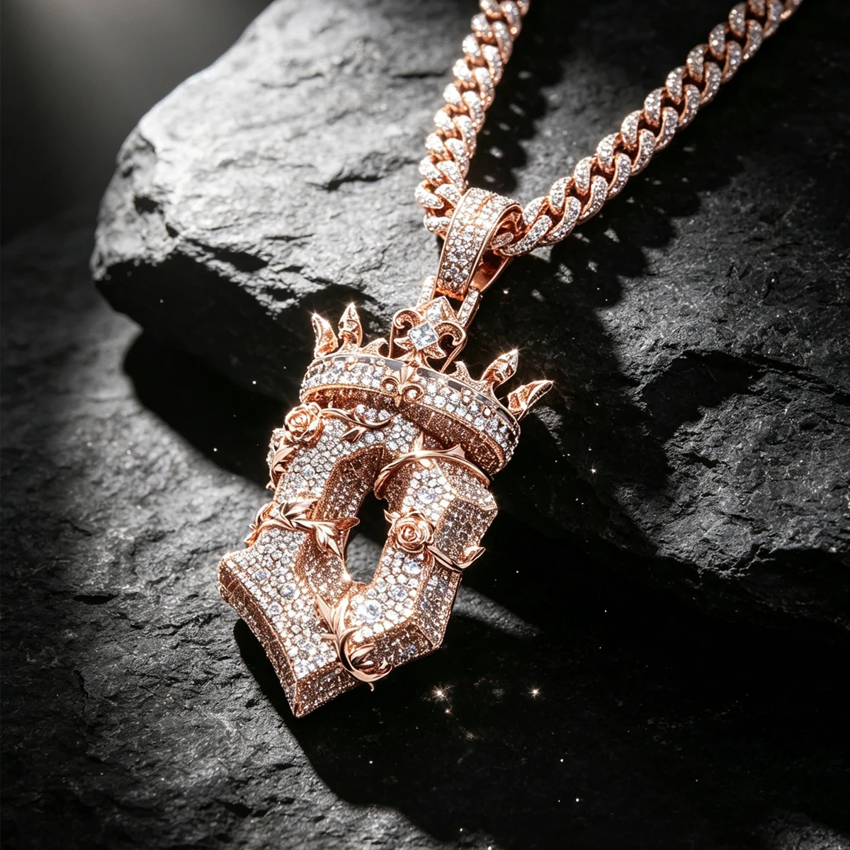 18K Gold Plated Hip Hop Charm Rose And Thorn Detail Design Regal King Crown Symbolize Bloom In Adversity Spirit Perfect For Men Women Shiny Cubic Zirconia Fine Jewelry Gifts for Men Boy Friends Iced Out Crown Rose Thorn Shield Pendant Necklace Accessories