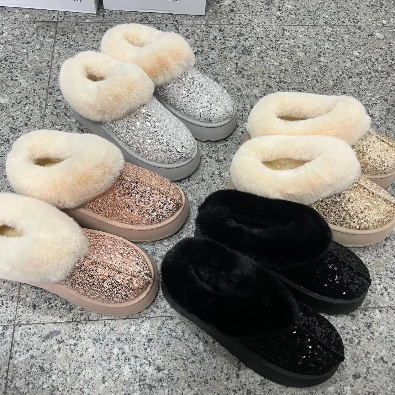 Bottes d'hiver en fausse fourrure pour femmes, gril à paillettes, bottes de neige chaudes, coordonnantes, chaussons de rinçage épais en peluche, grande taille, nouvelle mode, 2024