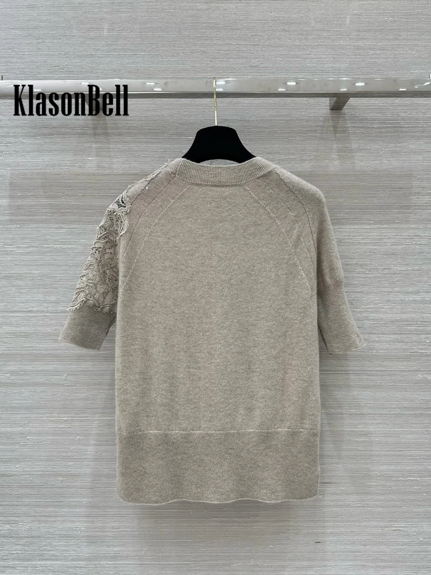 9.8 KlasonBell Women\'s Fashion Sweet Lace Embroidery Half Sleeve Knitwear Hem Split Soft Comfortable Cashmere Knit Sweater