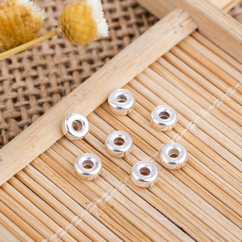 Genuine Real Pure Solid 925 Sterling Silver Beads Flat Round Loose Bead 18k Gold Large Hole Spacer Jewelry Making Findings