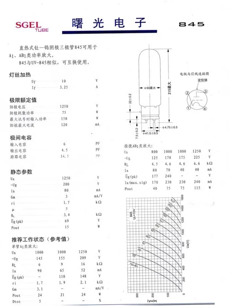 หลอดสุญญากาศ Shuguang 845C 845 สำหรับเครื่องเสียงไฮไฟ ใช้แทนหลอดอิเล็กทรอนิกส์ 845 สำหรับเครื่องขยายเสียง DIY