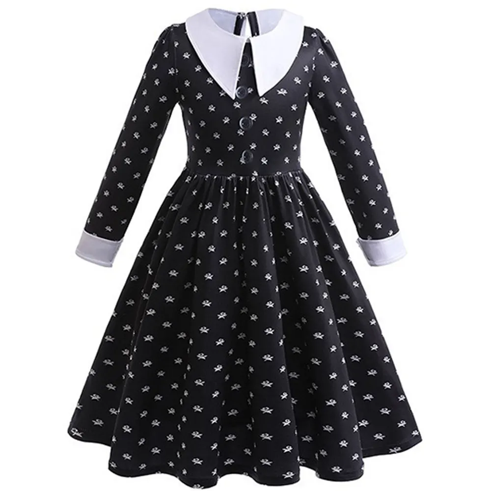 2025 Halloween Paskah Adas Wen. Gaun Takut Gotik Elegan Lucu Hitam + Tangan Palsu + Wig untuk Pesta Festival Karnaval Anak Perempuan