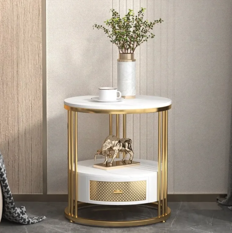 

modern simple round marble top iron nightstands for bedroom storage