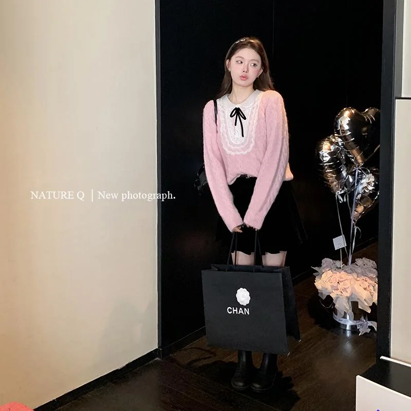 Retro Lazy Style Bow Splicing Pullover Twist Sweater for Women in Autumn and Winter High-end Gray Top