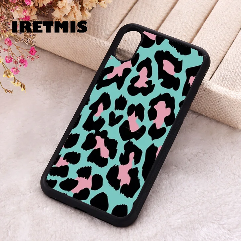 Iretmis Phone Cover Case For iPhone X XS Max XR 11 12 13 PRO MINI 14 15 16 Plus Rubber Silicone Aqua Pink Cheetah