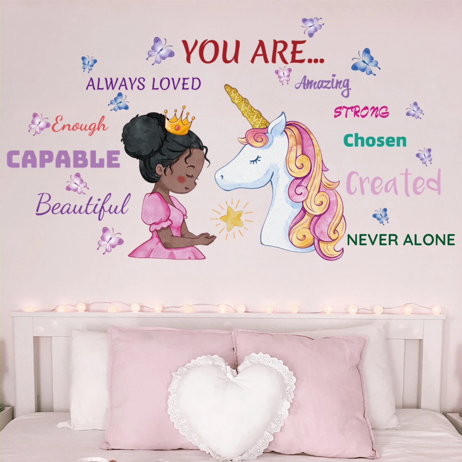 Black Girl Princess Unicorn Mermaids Wall Decal, Butterfly Stars Wall Stickers, Positive Nursery Decor, Kid Room Bedroom