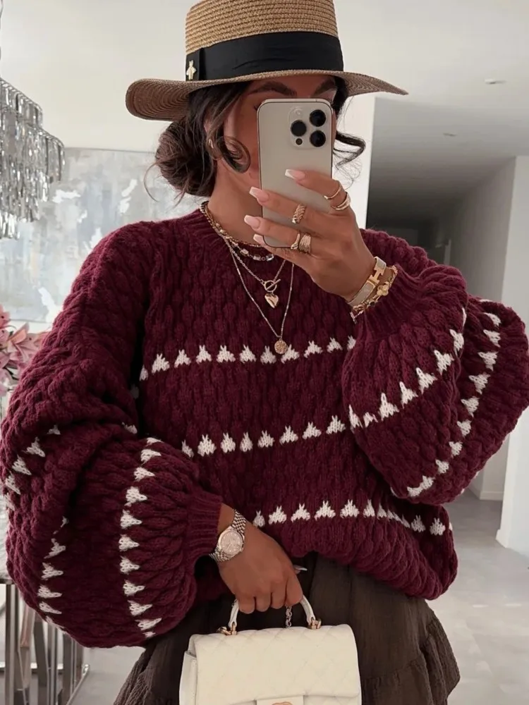 เสื้อสเวตเตอร์แขนยาวลายทางผ้าป่านทรงหลวมสไตล์ลำลองสำหรับผู้หญิง ใส่ได้ทุกโอกาส สวมใส่สบาย เหมาะสำหรับฤดูใบไม้ร่วงและฤดูหนาว