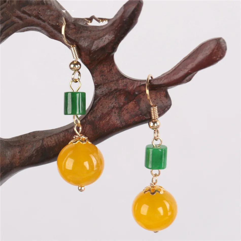 

12MM yellow Chalcedony Green jadeite Gemstone Earring 18KGP Women Dangle Gemstone Stud