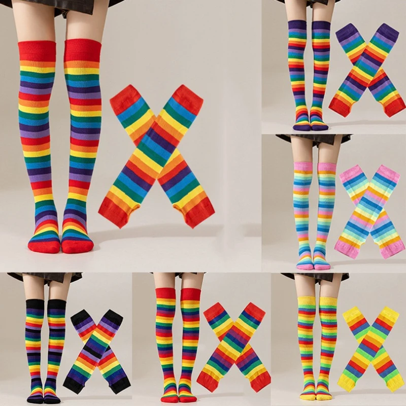 

Женские красочные длинные перчатки без пальцев с гольфами, милые комплекты чулок для девочек в стиле панк, готики, радужные полосатые рукава, чулки