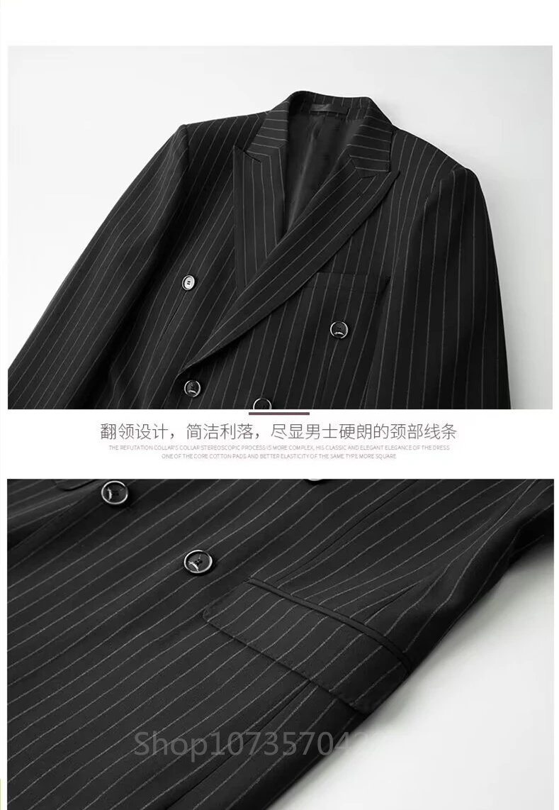 Black Striped Men Suits Slim Fit Peak Lapel Double Breasted Blazer Wedding Groom Tuxedos 2 Piece Business Set (Jacket+Pants)