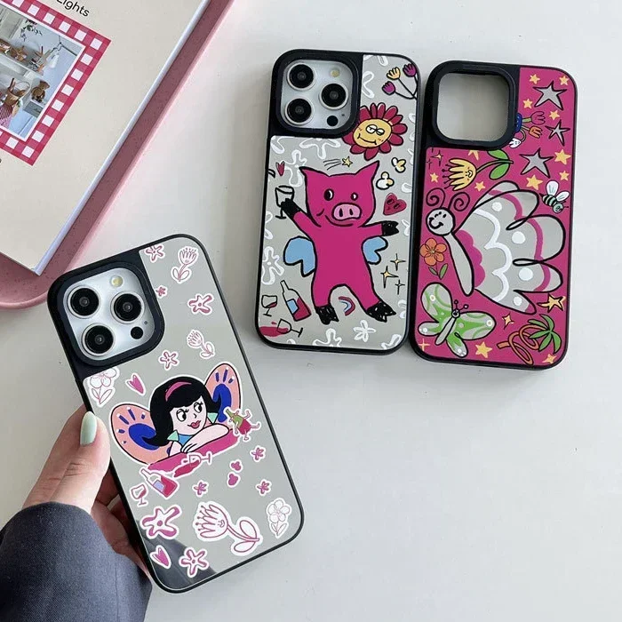 

Mirror Surface Butterfly Girl Pig Cartoon Phone Case Cover for IPhone 11 12 13 14 15 Pro Max Case for IPhone 15 Pro Max