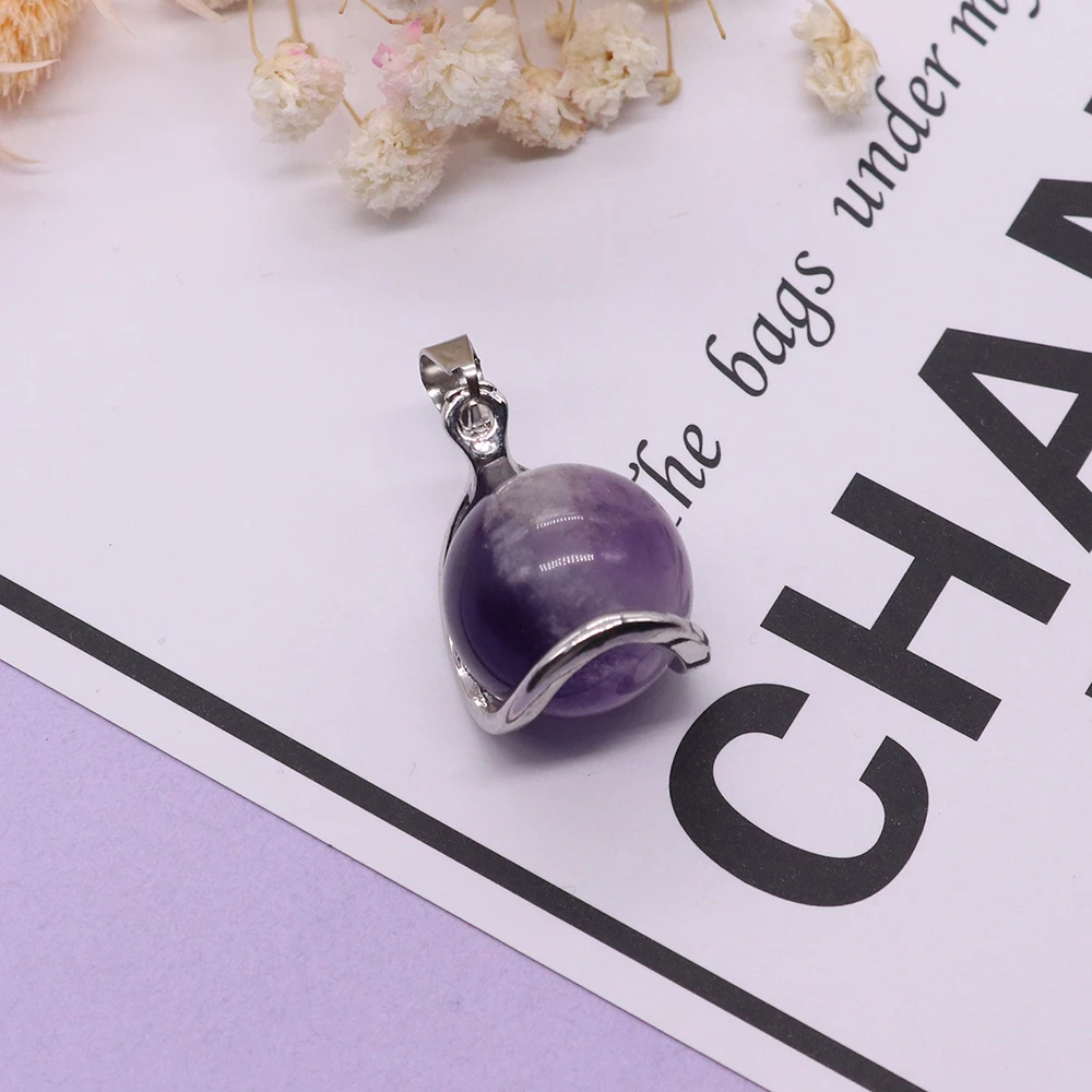 Natural Stone Pendant Round Ball Amethyst Lapis Agate Obsidian Rose Quartz Bead Charms for Jewelry Making DIY Necklace Accessory